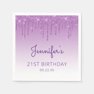 Chic Paars Glitter Drip 21st Birthday Party Servet