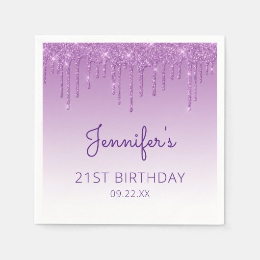 Chic Paars Glitter Drip 21st Birthday Party Servet (Voorkant)