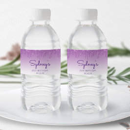 Chic Paars Glitter Drip 21st Birthday Party Waterfles Etiket