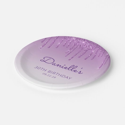 Chic Paars Glitter Drip 30th Birthday Party Papieren Bordje (Gekanteld)