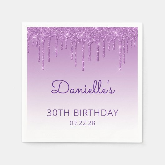 Chic Paars Glitter Drip 30th Birthday Party Servet (Voorkant)