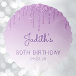 Chic Paars Glitter Drip 80th Birthday Party Ballon<br><div class="desc">Deze 80e verjaardagsfeestballon heeft een sprankelende paarse faux glitter-druiprand en een paarse ombre-achtergrond. Personaliseer het met de naam van de eregast in het paarse handschrift,  met haar geboortedatum en datum hieronder in sans serif lettertype.</div>