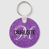 Chic paars glitter monogram naam sleutelhanger (Voorkant)