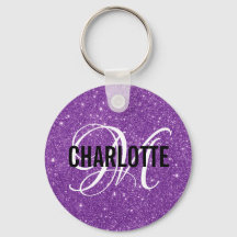 Chic paars glitter monogram naam sleutelhanger