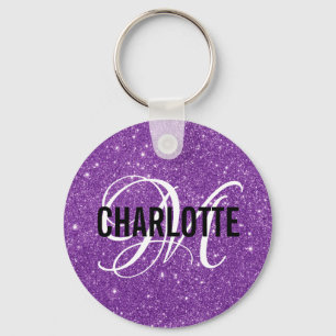 Chic paars glitter monogram naam sleutelhanger