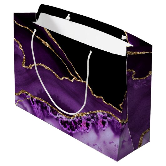 Chic paars Gold Agate Marble Gift Bag Groot Cadeauzakje (Achterkant Gekanteld)