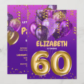 Chic Paars Gold-ballonnen 60e verjaardag Kaart (Voorkant / Achterkant)