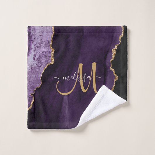 Chic Paars Gold Glitter Agate Custom Monogram Bad Handdoek (Wasdoekje)