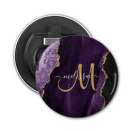 Chic Paars Gold Glitter Agate Custom Monogram Button Flesopener