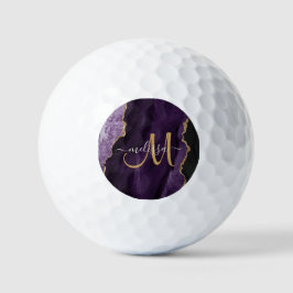 Chic Paars Gold Glitter Agate Custom Monogram Golfballen