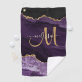 Chic Paars Gold Glitter Agate Custom Monogram Golfhanddoek (Insitu)