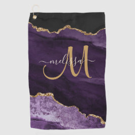 Chic Paars Gold Glitter Agate Custom Monogram Golfhanddoek