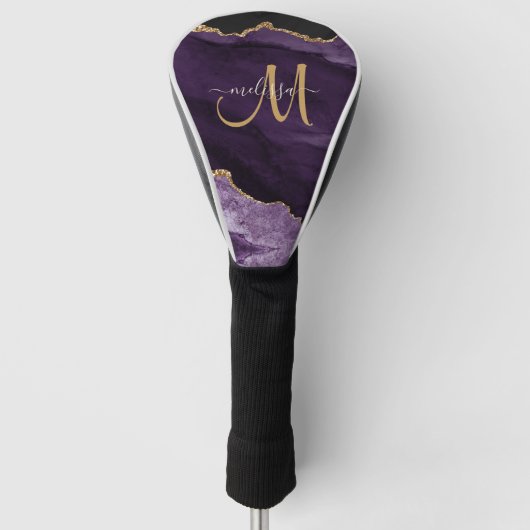 Chic Paars Gold Glitter Agate Custom Monogram Golfheadcover (Voorkant)