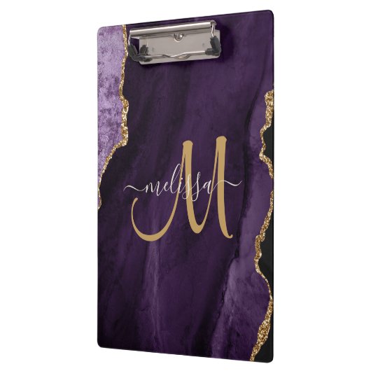Chic Paars Gold Glitter Agate Custom Monogram Klembord (Links)