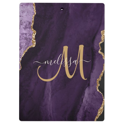 Chic Paars Gold Glitter Agate Custom Monogram Klembord (Achterkant)