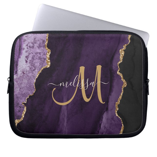 Chic Paars Gold Glitter Agate Custom Monogram Laptop Sleeve (Voorkant)