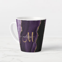 Chic Paars Gold Glitter Agate Custom Monogram Latte Mok