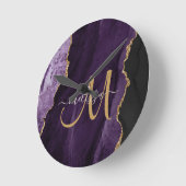 Chic Paars Gold Glitter Agate Custom Monogram Ronde Klok (Hoek)