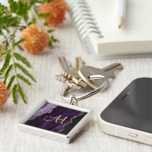 Chic Paars Gold Glitter Agate Custom Monogram Sleutelhanger