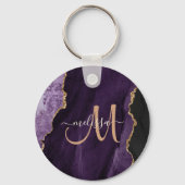Chic Paars Gold Glitter Agate Custom Monogram Sleutelhanger (Voorkant)