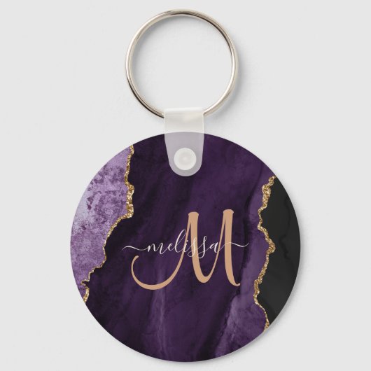 Chic Paars Gold Glitter Agate Custom Monogram Sleutelhanger (Voorkant)