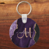 Chic Paars Gold Glitter Agate Custom Monogram Sleutelhanger (Achterkant)