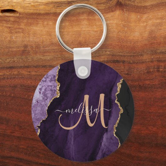 Chic Paars Gold Glitter Agate Custom Monogram Sleutelhanger (Achterkant)