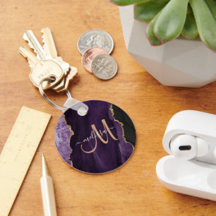 Chic Paars Gold Glitter Agate Custom Monogram Sleutelhanger