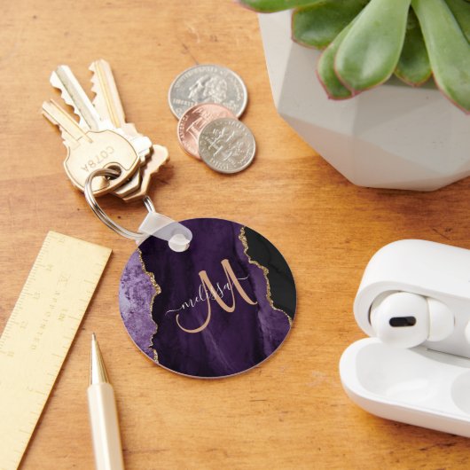 Chic Paars Gold Glitter Agate Custom Monogram Sleutelhanger (Bureau)