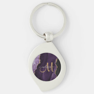 Chic Paars Gold Glitter Agate Custom Monogram Sleutelhanger