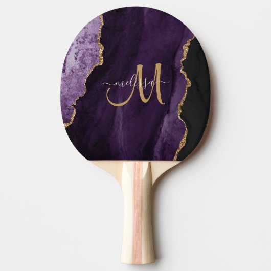 Chic Paars Gold Glitter Agate Custom Monogram Tafeltennisbatje (Voorkant)