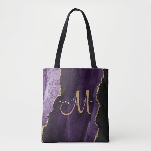 Chic Paars Gold Glitter Agate Custom Monogram Tote Bag (Voorkant)