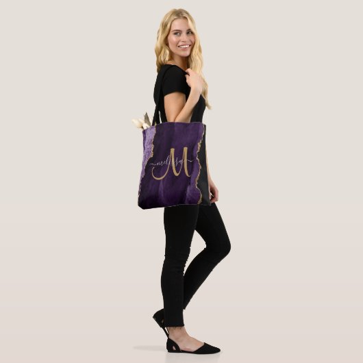 Chic Paars Gold Glitter Agate Custom Monogram Tote Bag (Op model)