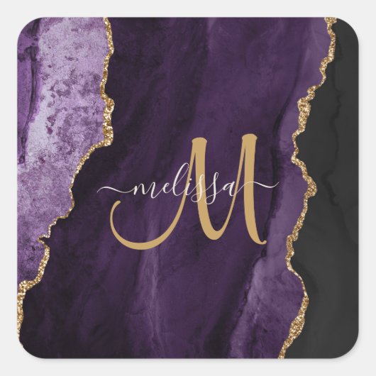 Chic Paars Gold Glitter Agate Custom Monogram Vierkante Sticker (Voorkant)