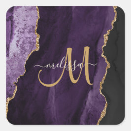 Chic Paars Gold Glitter Agate Custom Monogram Vierkante Sticker