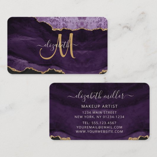 Chic Paars Gold Glitter Agate Custom Monogram Visitekaartje (Voorkant / Achterkant)