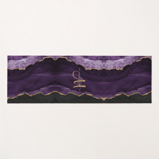Chic Paars Gold Glitter Agate Custom Monogram Yogamat (Voorkant (horizontaal))