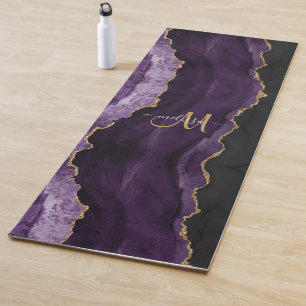 Chic Paars Gold Glitter Agate Custom Monogram Yogamat