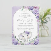 Chic Paars Lila Floral Elephant Baby shower Kaart (Staand voorkant)