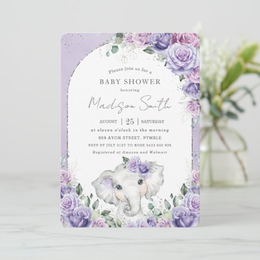 Chic Paars Lila Floral Elephant Baby shower Kaart (Staand voorkant)