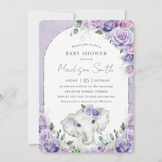 Chic Paars Lila Floral Elephant Baby shower Kaart (Voorkant)