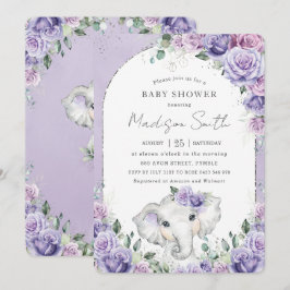 Chic Paars Lila Floral Elephant Baby shower Kaart