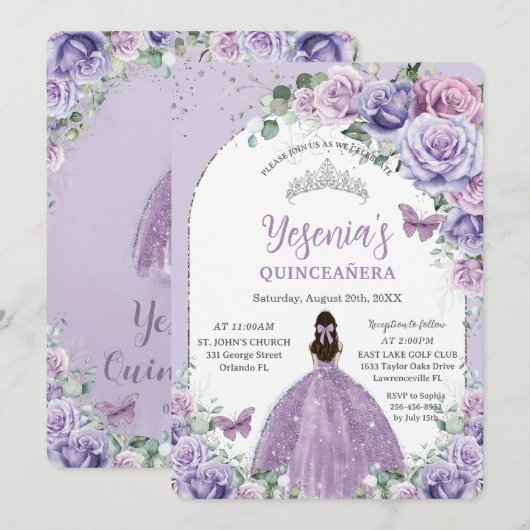 Chic Paars Lila Floral Quinceañera Silver Arch Kaart (Voorkant / Achterkant)