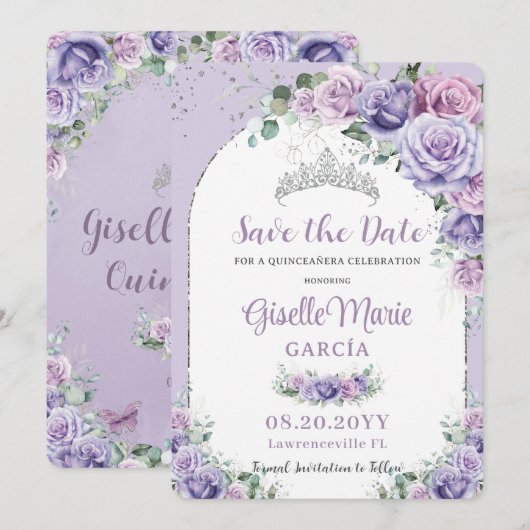 Chic Paars Lila Floral Quinceañera Silver Arch Save The Date (Voorkant / Achterkant)