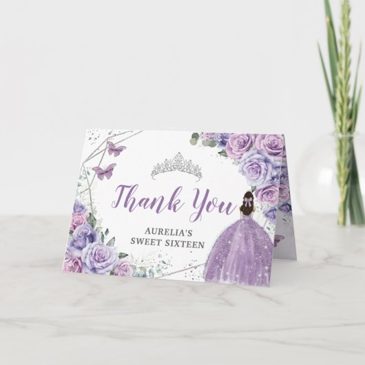 Chic Paars Lila Floral Quinceanera Sweet Sixteen Bedankkaart (Voorkant)