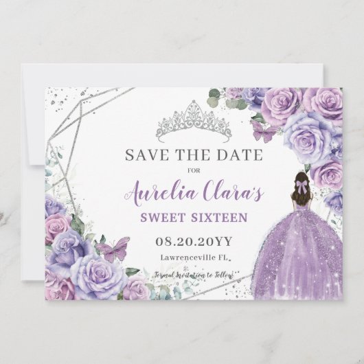 Chic Paars Lila Floral Quinceanera Sweet Sixteen Save The Date (Voorkant)