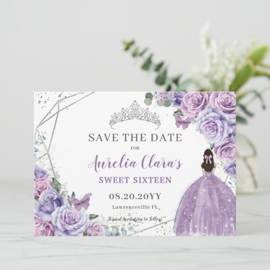 Chic Paars Lila Floral Quinceanera Sweet Sixteen Save The Date (Staand voorkant)