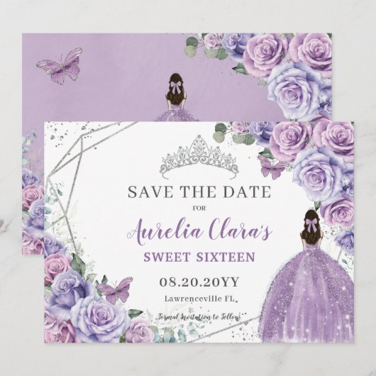 Chic Paars Lila Floral Quinceanera Sweet Sixteen Save The Date (Voorkant / Achterkant)