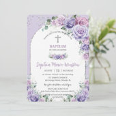 Chic Paars Lila Floral Rozen Silver Baptisme Kaart (Staand voorkant)