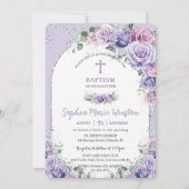 Chic Paars Lila Floral Rozen Silver Baptisme Kaart (Voorkant)
